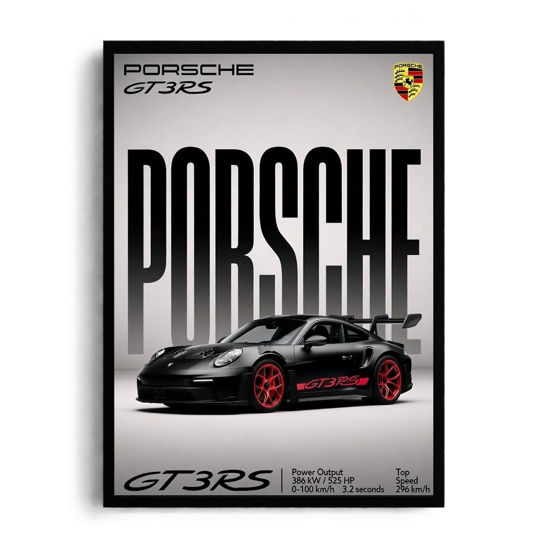 Porsche 911 GT3 RS 'Stealth Performance' Black & Red Technical Spec Framed Graphic Art Poster