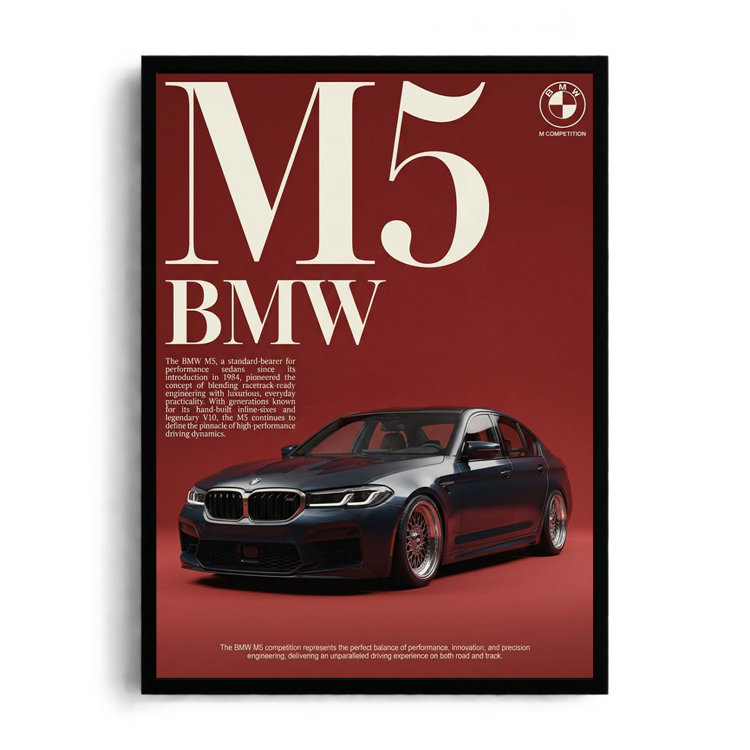 BMW M5 Competition 'Pinnacle Performance' Deep Crimson Editorial Automotive Framed Graphic Art Poster