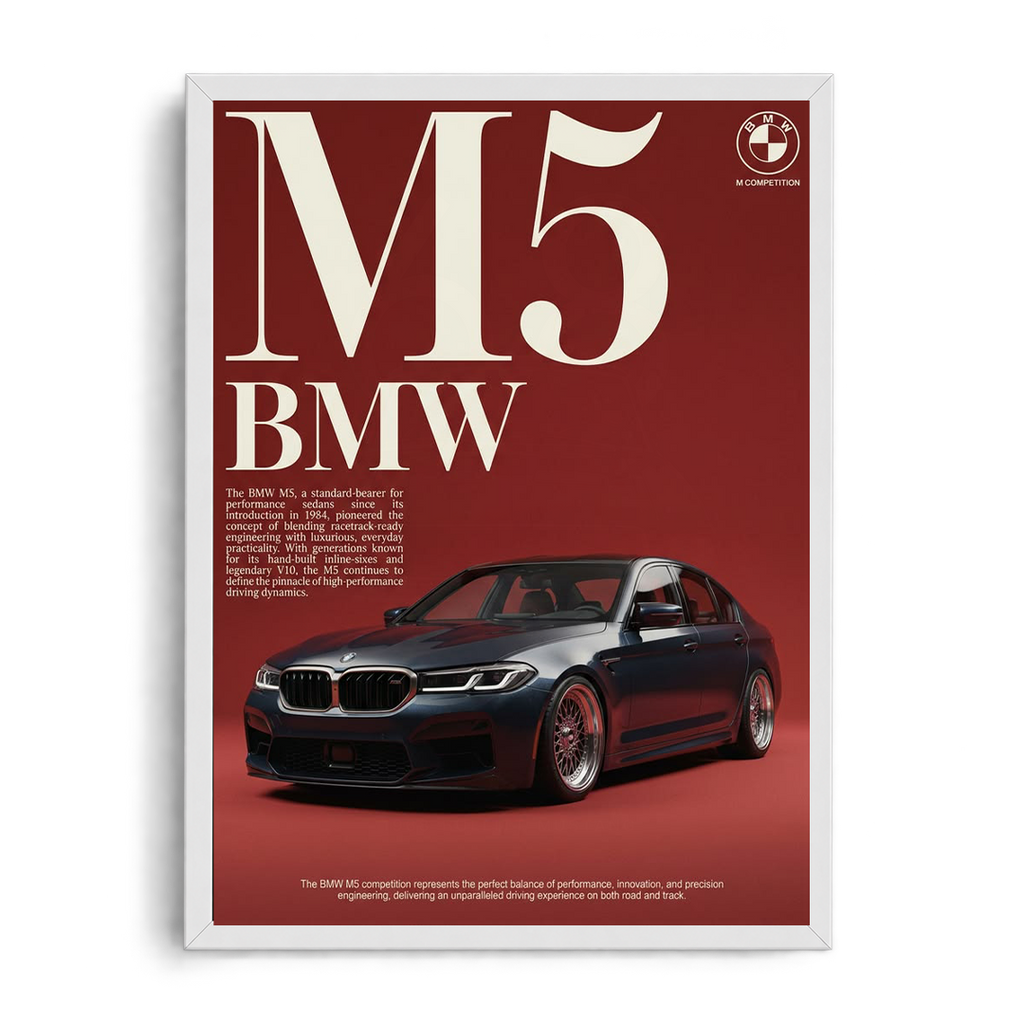 BMW M5 Competition 'Pinnacle Performance' Deep Crimson Editorial Automotive Framed Graphic Art Poster