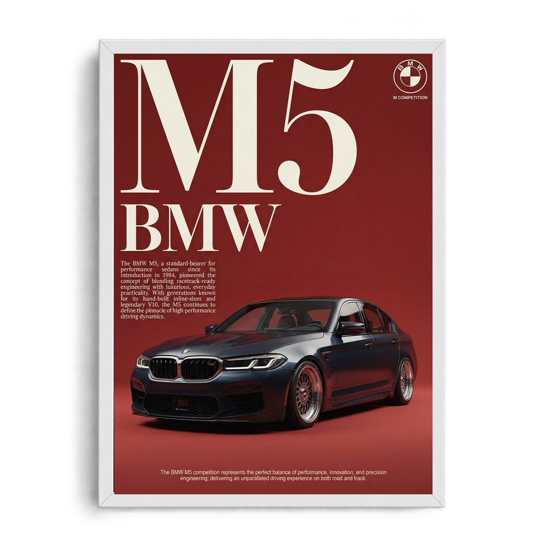 BMW M5 Competition 'Pinnacle Performance' Deep Crimson Editorial Automotive Framed Graphic Art Poster