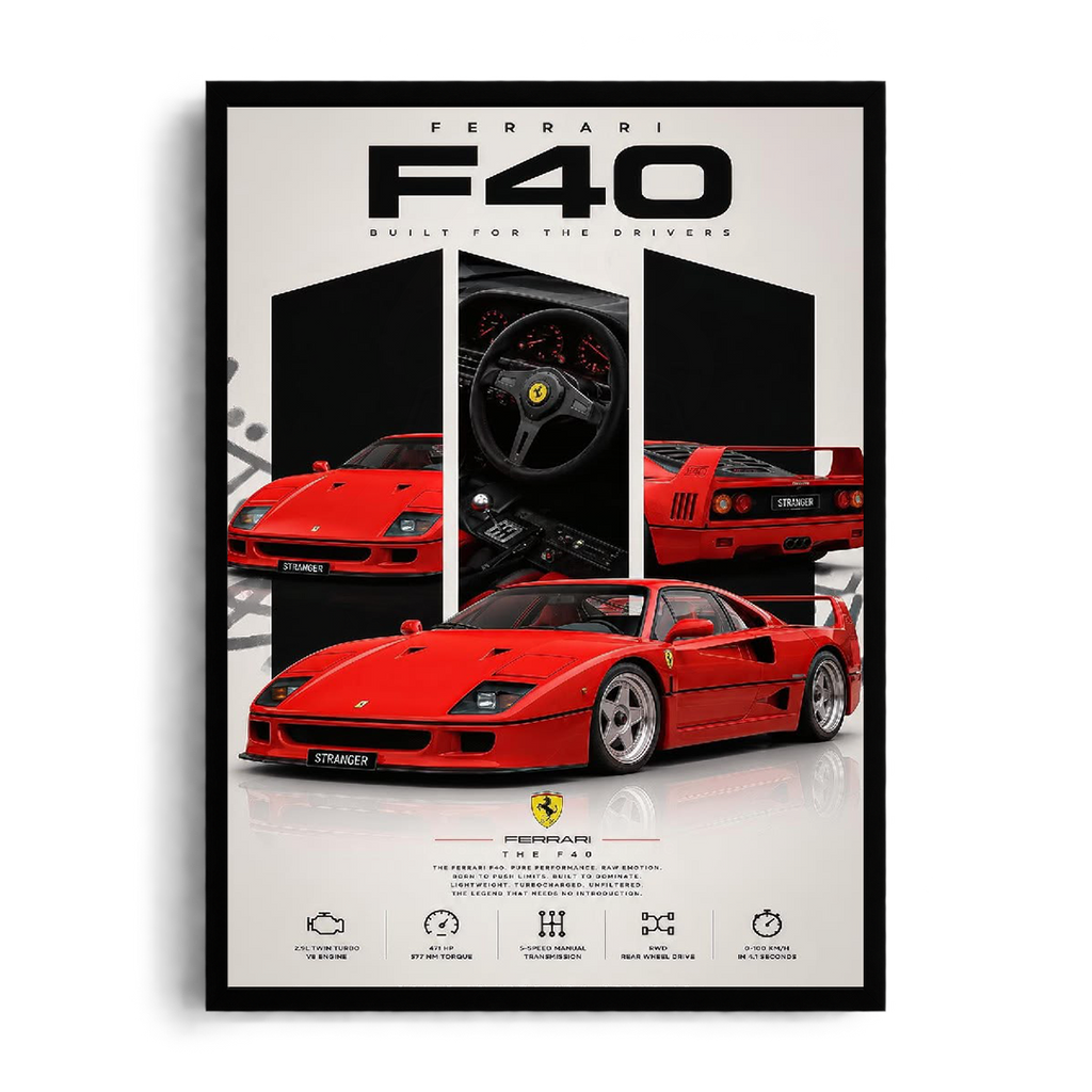 Ferrari F40 'Built for the Drivers' Rosso Corsa Analog Icon Framed Graphic Art Poster