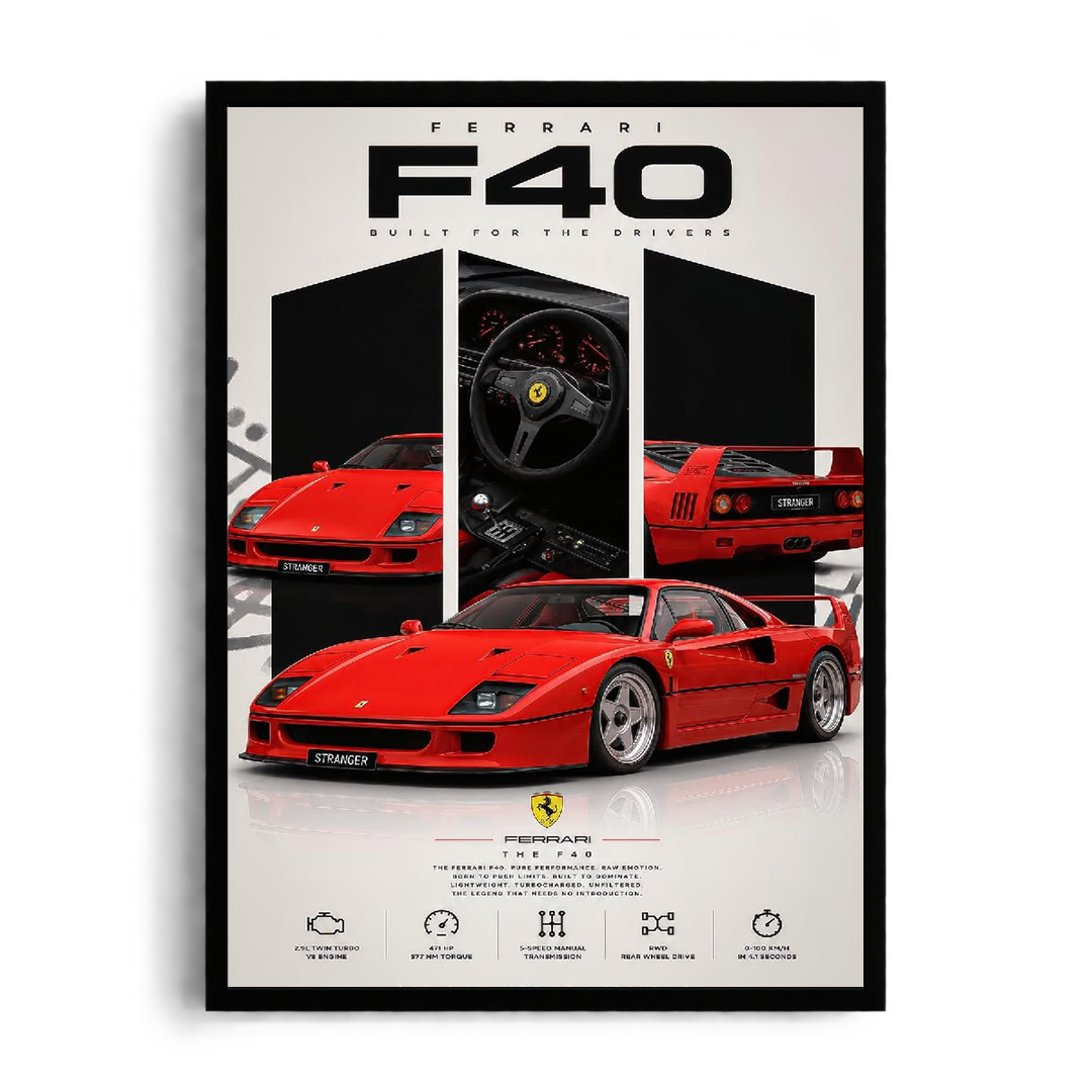 Ferrari F40 'Built for the Drivers' Rosso Corsa Analog Icon Framed Graphic Art Poster