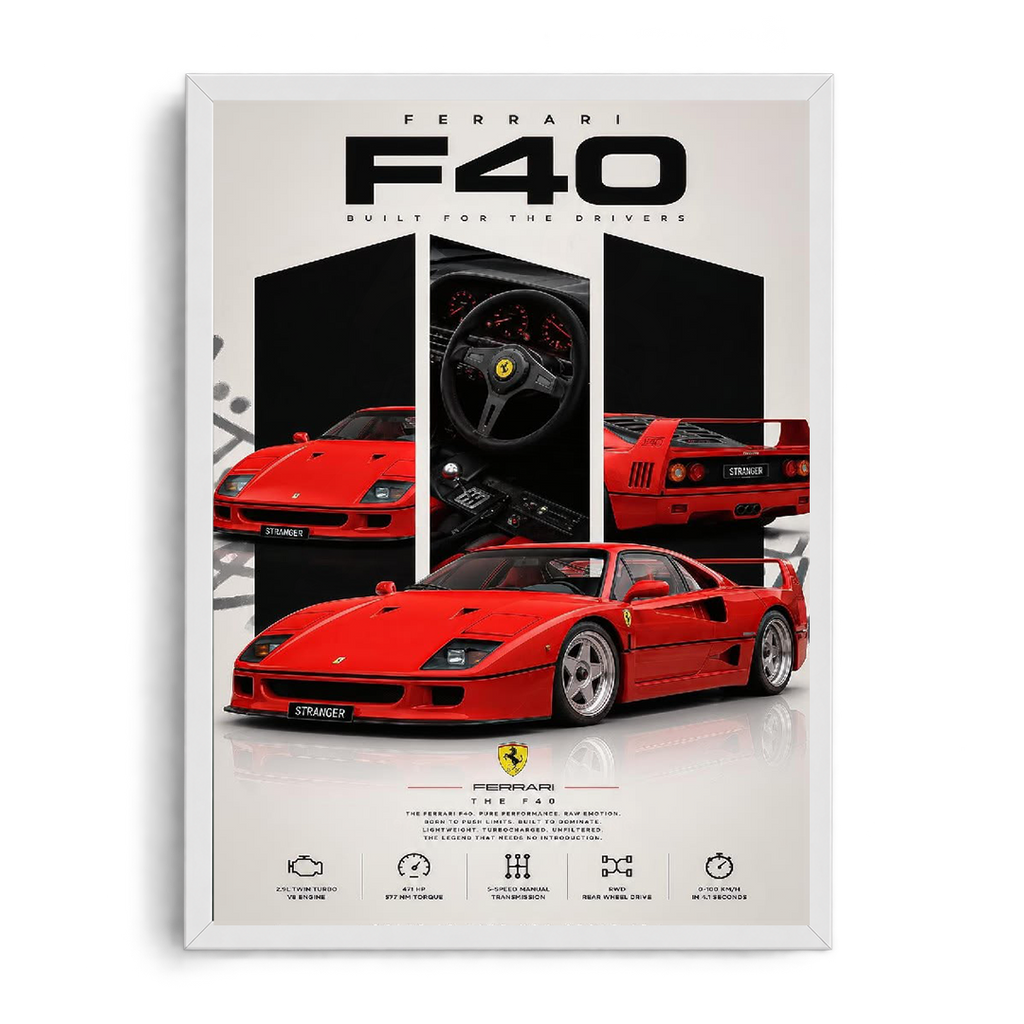 Ferrari F40 'Built for the Drivers' Rosso Corsa Analog Icon Framed Graphic Art Poster