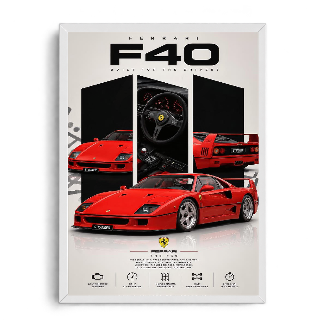 Ferrari F40 'Built for the Drivers' Rosso Corsa Analog Icon Framed Graphic Art Poster