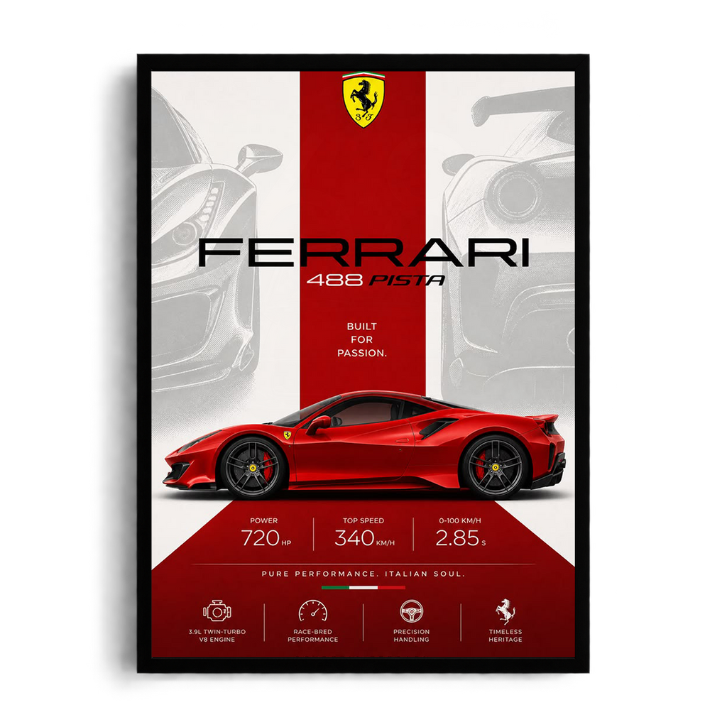 Ferrari 488 Pista 'Built for Passion' Rosso Corsa Track Supercar Framed Graphic Art Poster