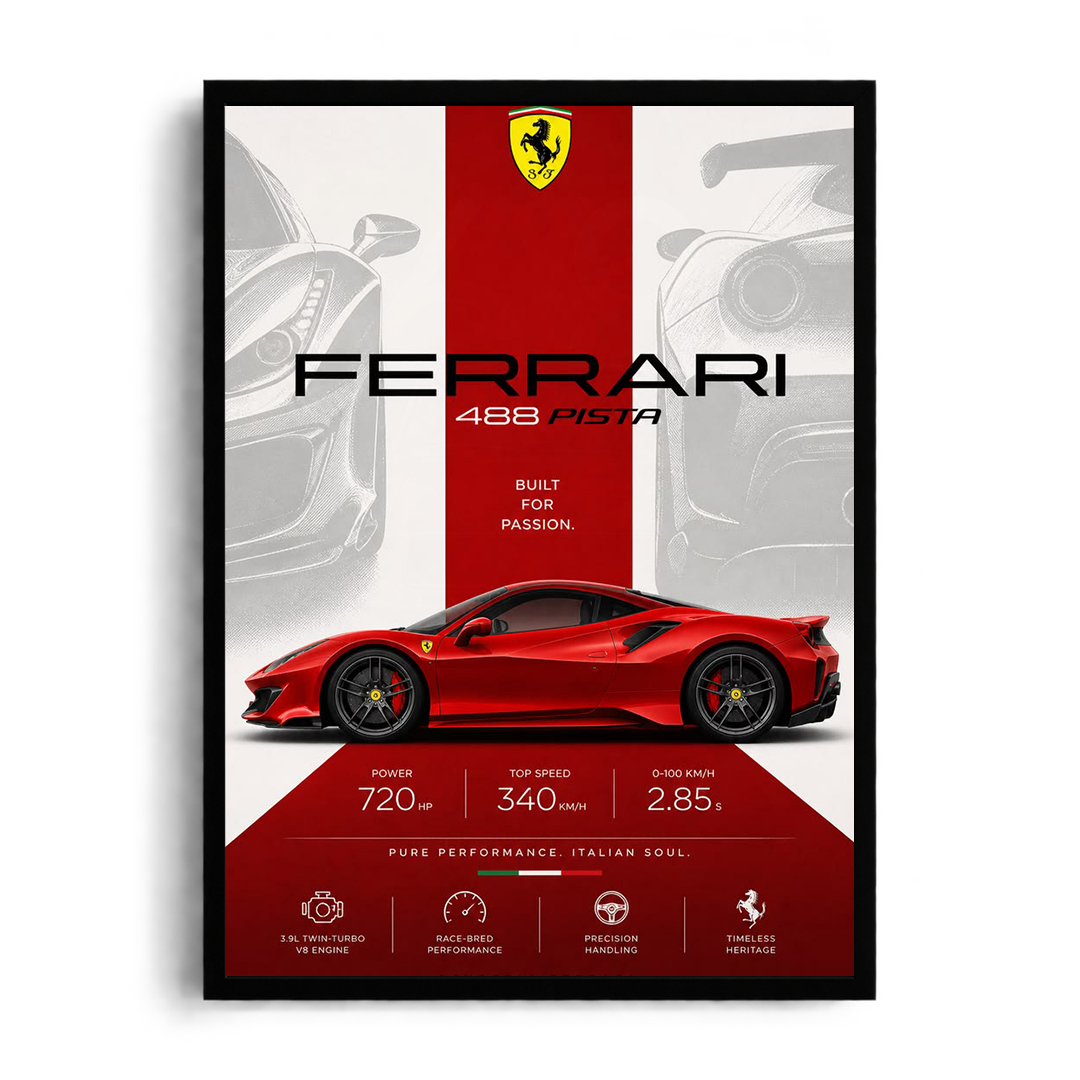 Ferrari 488 Pista 'Built for Passion' Rosso Corsa Track Supercar Framed Graphic Art Poster