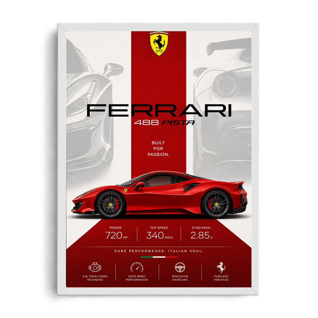 Ferrari 488 Pista 'Built for Passion' Rosso Corsa Track Supercar Framed Graphic Art Poster
