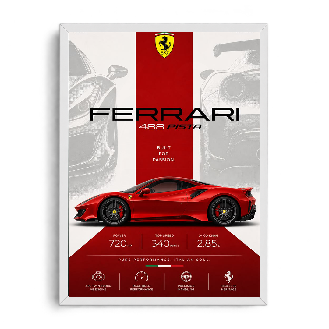 Ferrari 488 Pista 'Built for Passion' Rosso Corsa Track Supercar Framed Graphic Art Poster