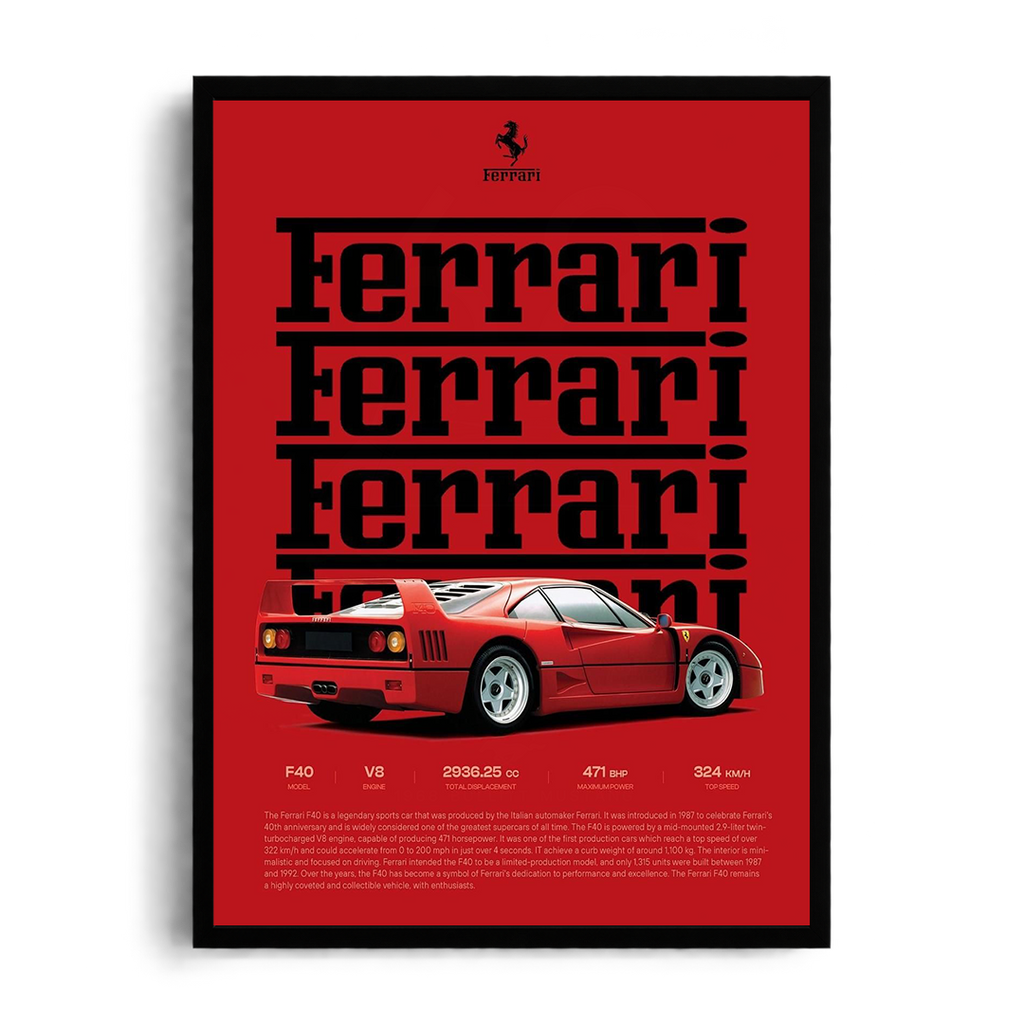 Ferrari F40 'Rosso Corsa Legend' Stacked Typography Editorial Technical Spec Framed Graphic Art Poster