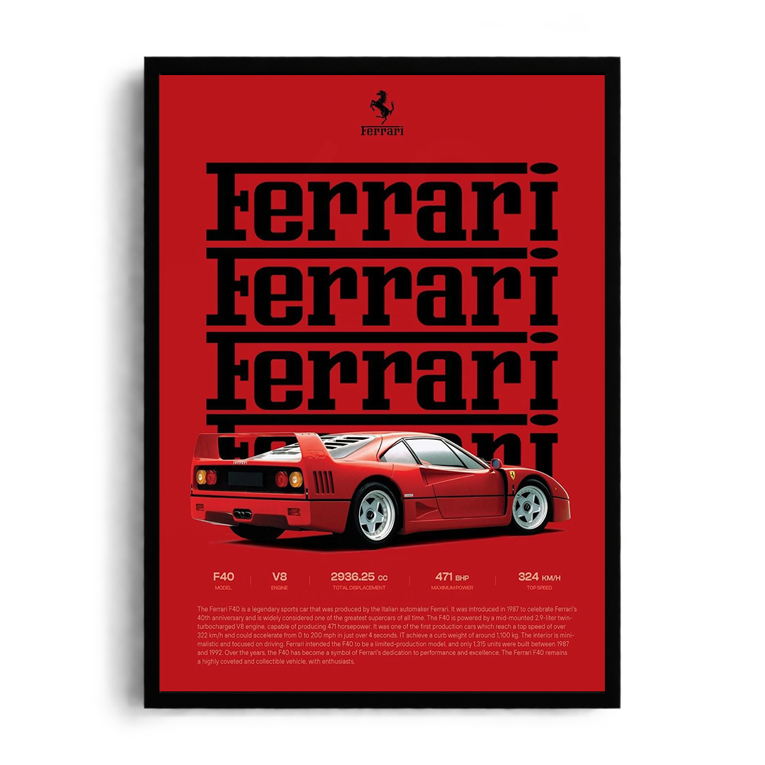 Ferrari F40 'Rosso Corsa Legend' Stacked Typography Editorial Technical Spec Framed Graphic Art Poster