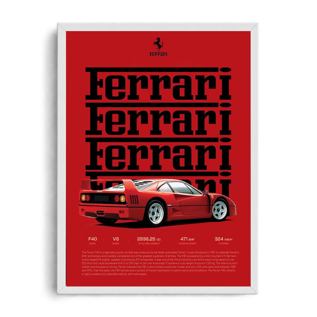 Ferrari F40 'Rosso Corsa Legend' Stacked Typography Editorial Technical Spec Framed Graphic Art Poster