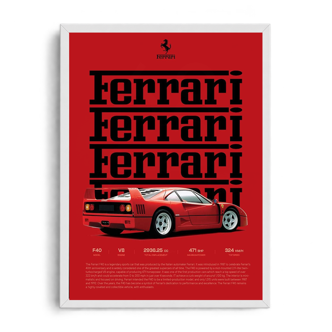 Ferrari F40 'Rosso Corsa Legend' Stacked Typography Editorial Technical Spec Framed Graphic Art Poster