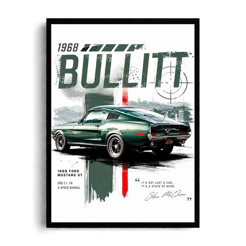 1968 Ford Mustang GT 'Bullitt Legend' Steve McQueen Vintage Automotive Framed Graphic Art Poster