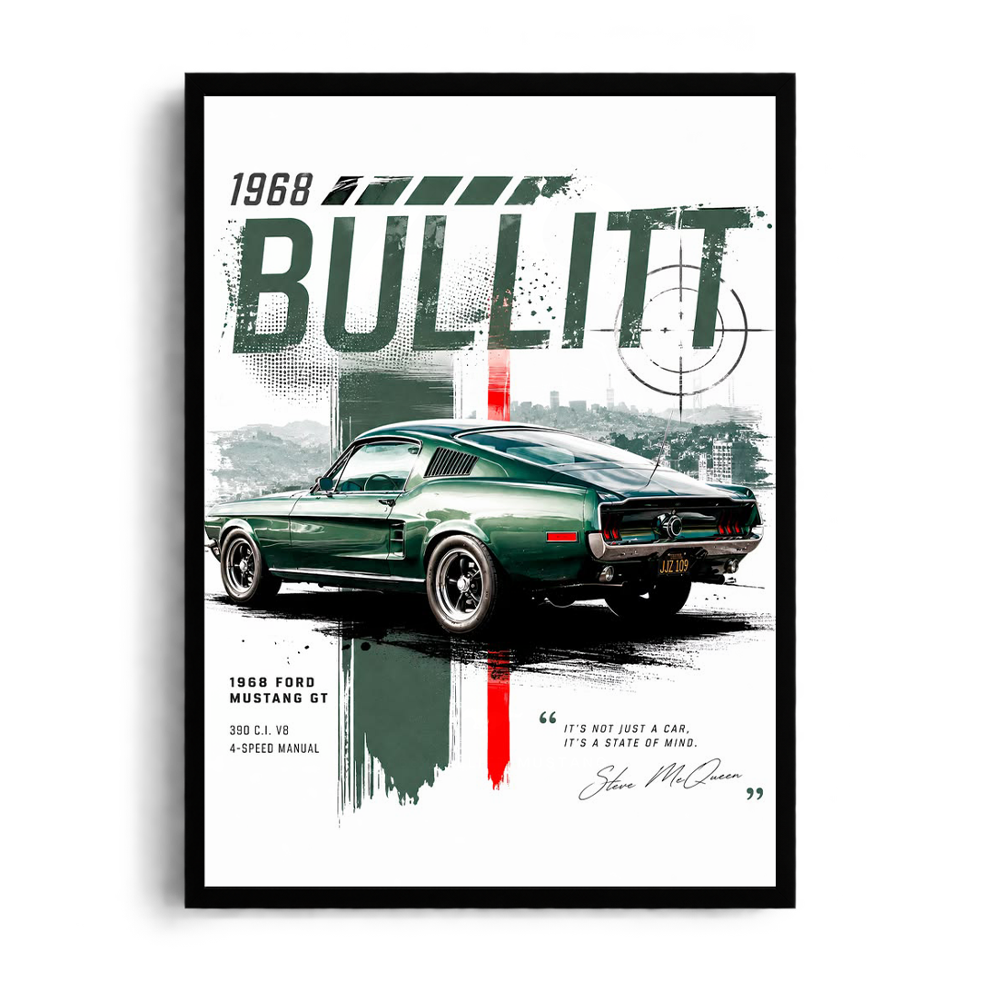 1968 Ford Mustang GT 'Bullitt Legend' Steve McQueen Vintage Automotive Framed Graphic Art Poster