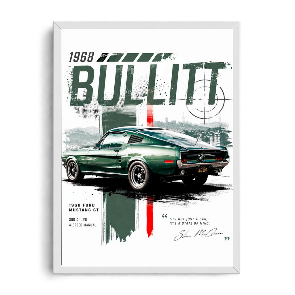 1968 Ford Mustang GT 'Bullitt Legend' Steve McQueen Vintage Automotive Framed Graphic Art Poster