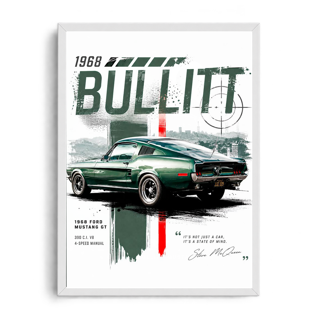 1968 Ford Mustang GT 'Bullitt Legend' Steve McQueen Vintage Automotive Framed Graphic Art Poster