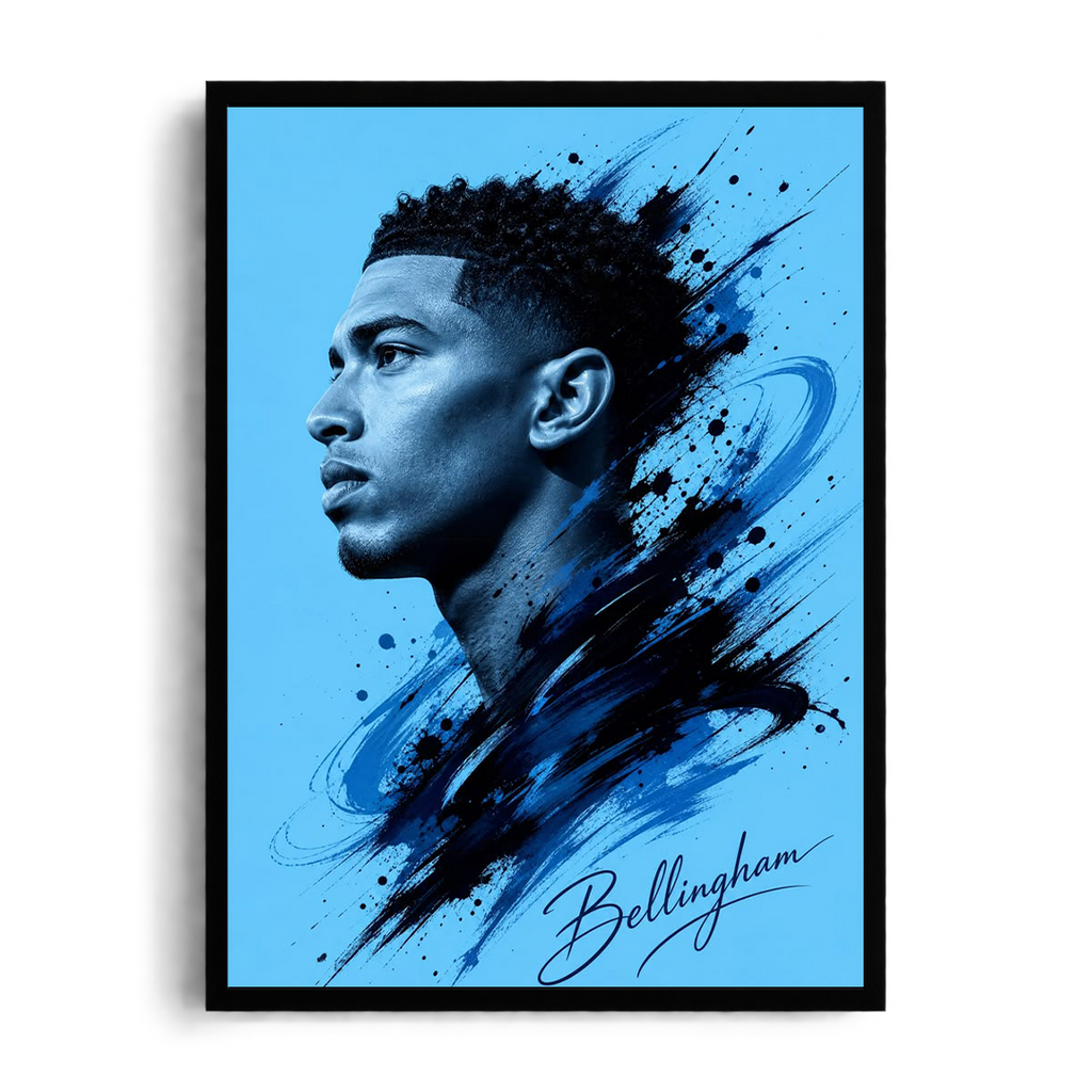 Jude Bellingham Blue Splash & Dynamic Silhouette Framed Art