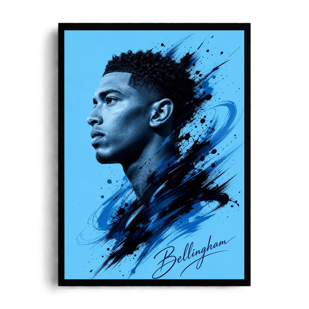 Jude Bellingham Blue Splash & Dynamic Silhouette Framed Art